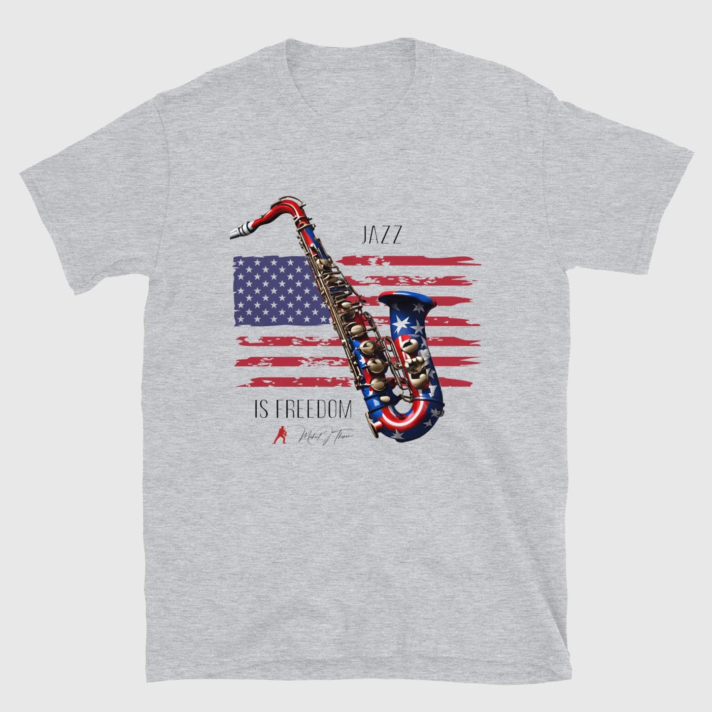 Sport Grey JAZZ IS FREEDOM UNISEX T-SHIRT - SAX AND USA FLAG