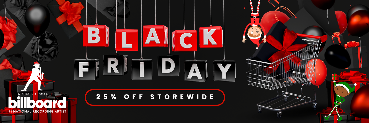 Black Friday promotional banner with shopping cart, balloons, and discounts on a dark background.