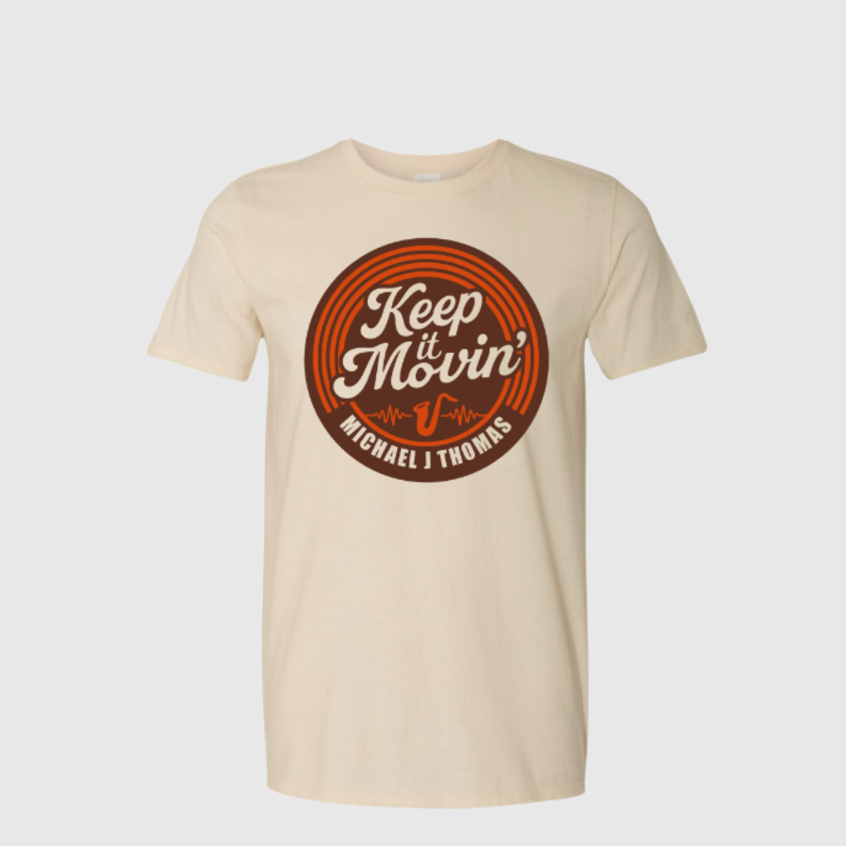 t-shirt with 'Keep It Movin'' graphic design on a grey background