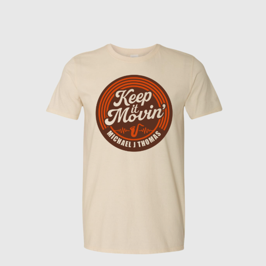 t-shirt with 'Keep It Movin'' graphic design on a grey background