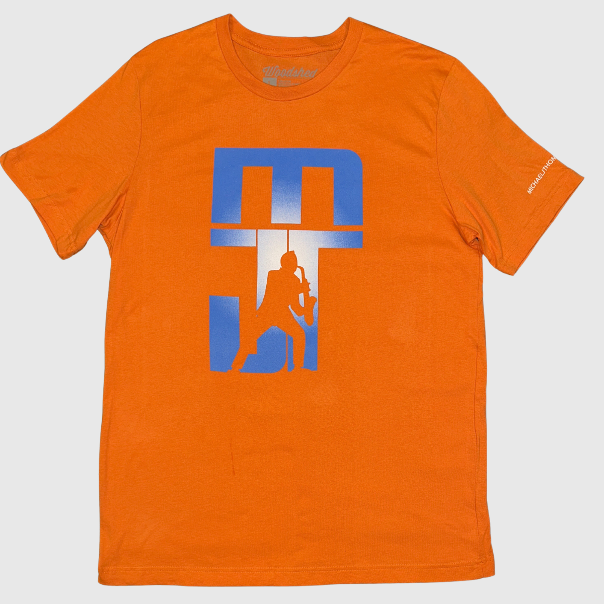 Orange t-shirt with blue logo on a white background